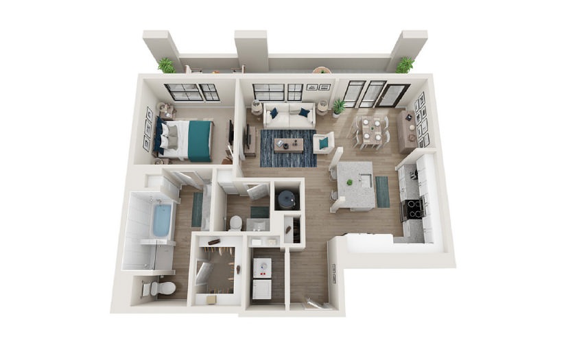 A13 - 1 bedroom floorplan layout with 1.5 bath and 945 square feet.