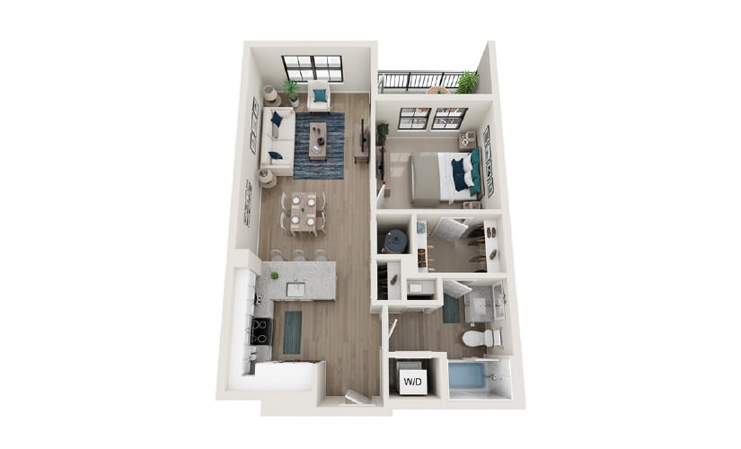 A3 - 1 bedroom floorplan layout with 1 bath and 729 square feet.