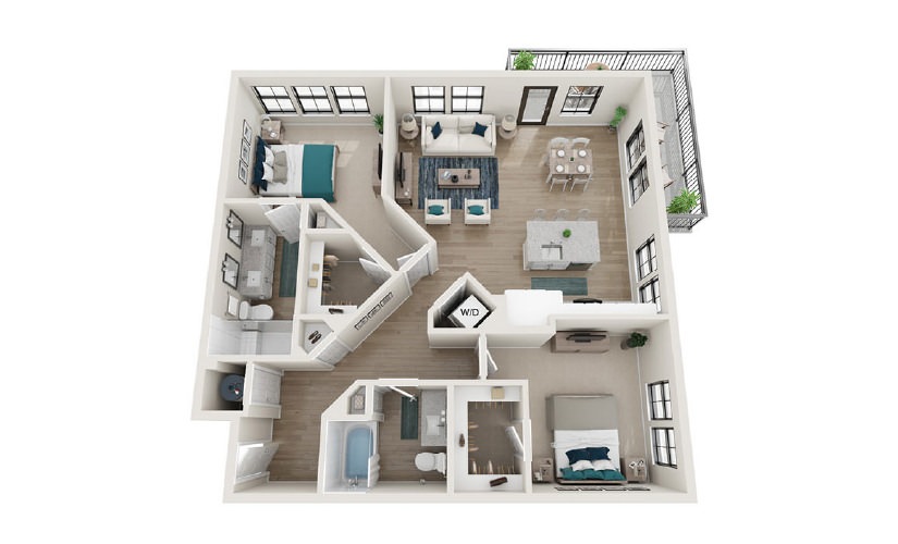 B10 - 2 bedroom floorplan layout with 2 baths and 1231 square feet.