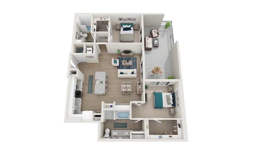B11 - 2 bedroom floorplan layout with 2 baths and 1287 square feet.
