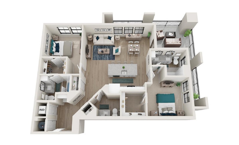 B12 - 2 bedroom floorplan layout with 2.5 baths and 1264 square feet.