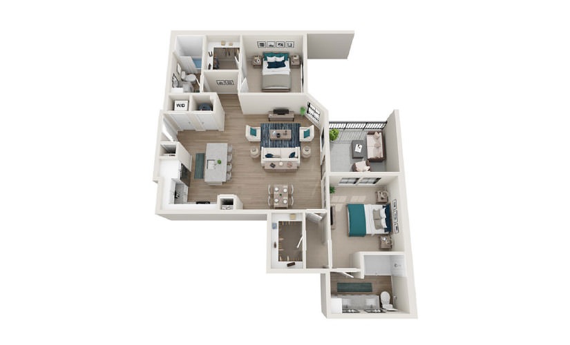B13 - 2 bedroom floorplan layout with 2 baths and 1232 square feet.