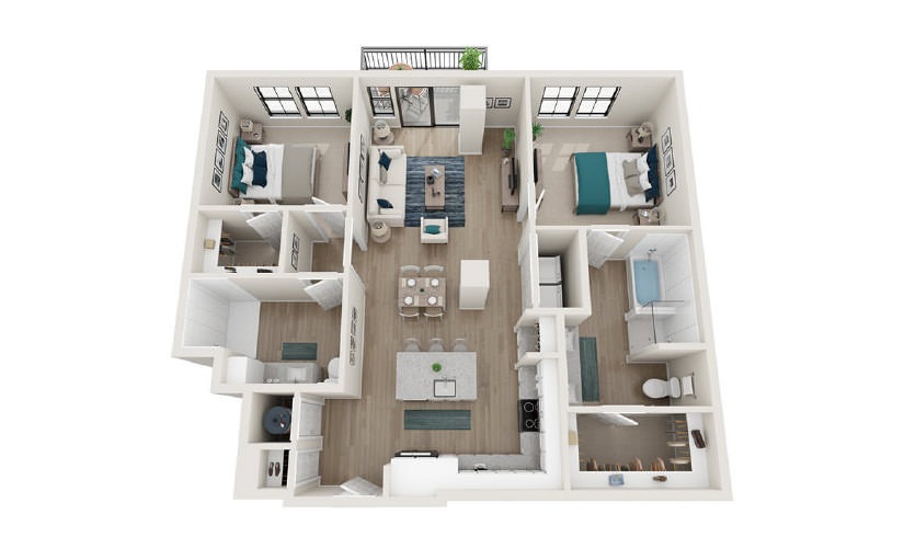 B14H - 2 bedroom floorplan layout with 2 baths and 1268 square feet.