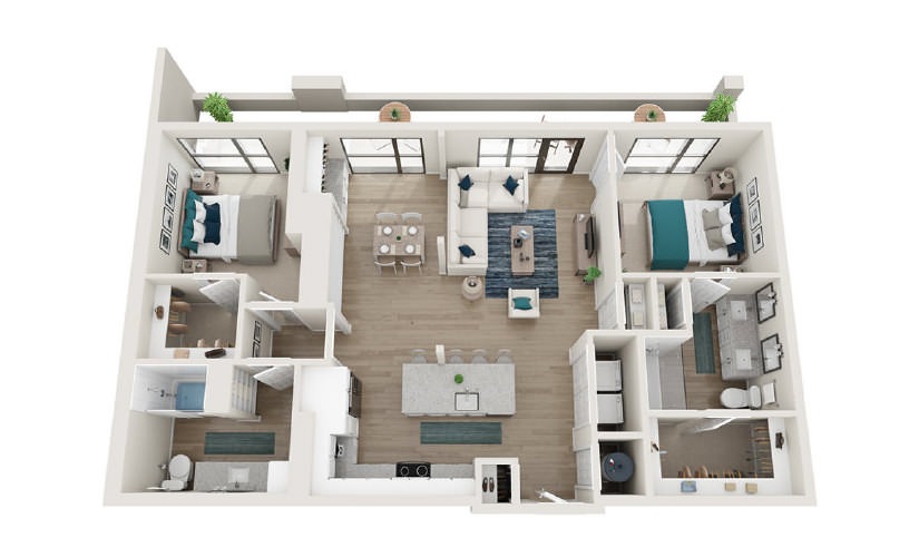 B15 - 2 bedroom floorplan layout with 2 baths and 1253 square feet.