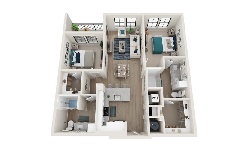 B1 - 2 bedroom floorplan layout with 2 baths and 1061 square feet.