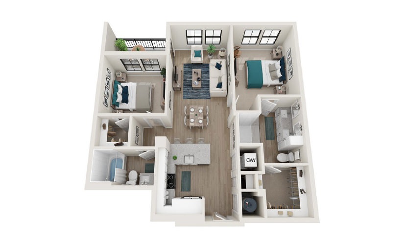 B2 - 2 bedroom floorplan layout with 2 baths and 1015 square feet.