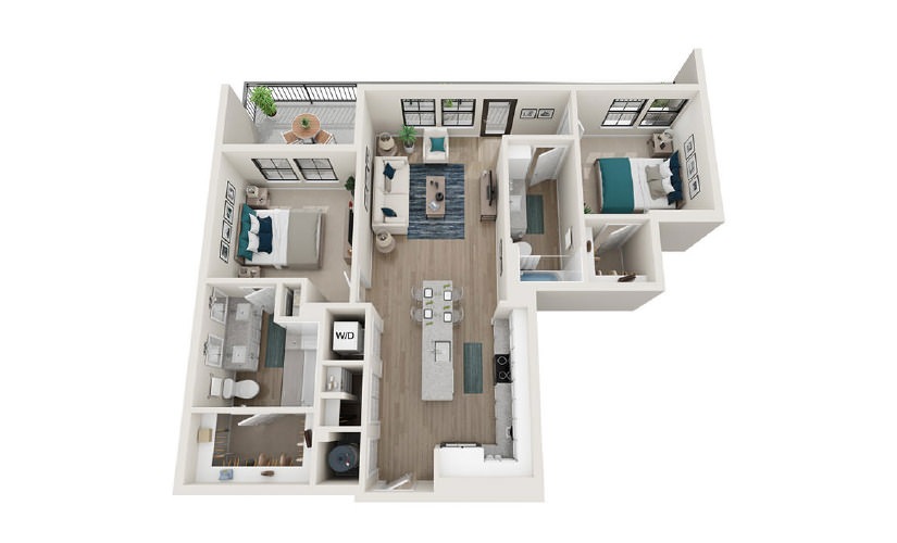 B4 - 2 bedroom floorplan layout with 2 baths and 1073 square feet.
