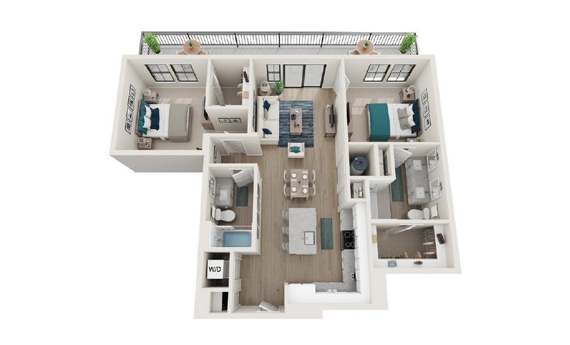 B5 - 2 bedroom floorplan layout with 2 baths and 1152 square feet.