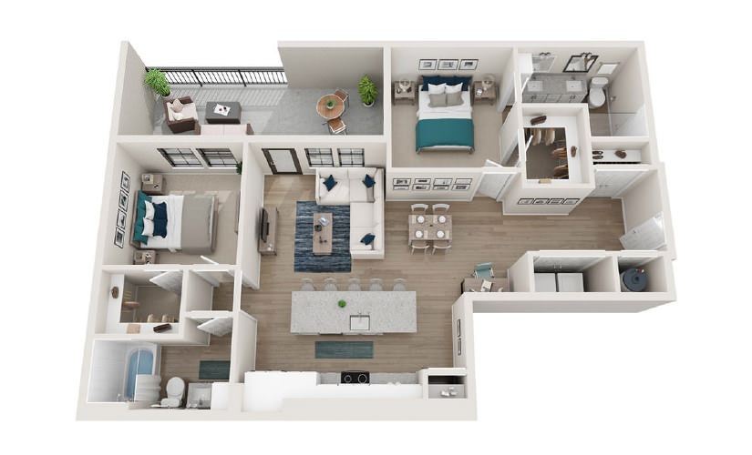 B7 - 2 bedroom floorplan layout with 2 baths and 1211 square feet.