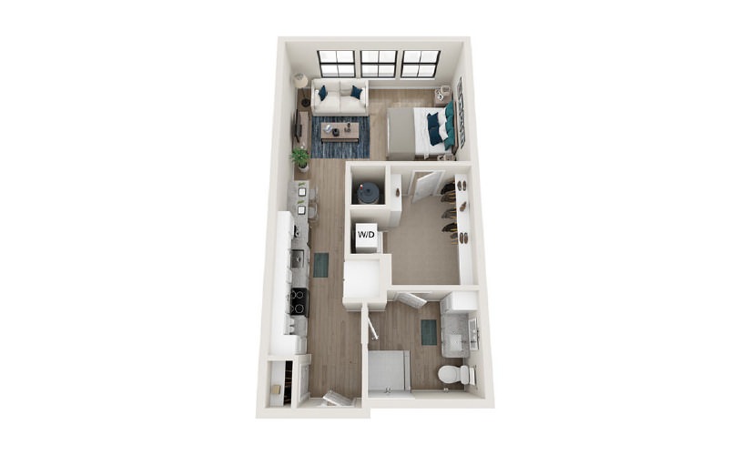 S1 - Studio floorplan layout with 1 bath and 597 square feet.