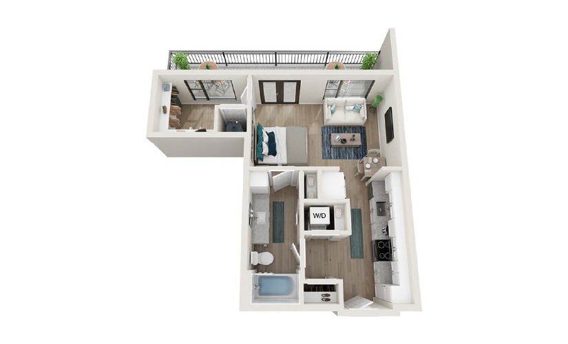 S3 - Studio floorplan layout with 1 bath and 612 square feet.
